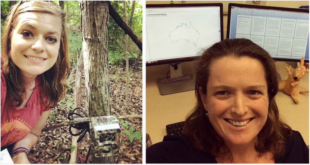 My favorite selfies of my WildlfieSNPits colleagues, these ladies look happy science-ing! Stephanie setting up a camera trap (left) and Anna finishing a bandicoot manuscript (right).